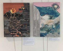Comic Book Exhibition -  artworks by Ali Jeffries 'The Broken' & 'The Beautiful'. Two canvas hung on the wall. One representing fire and one representing water