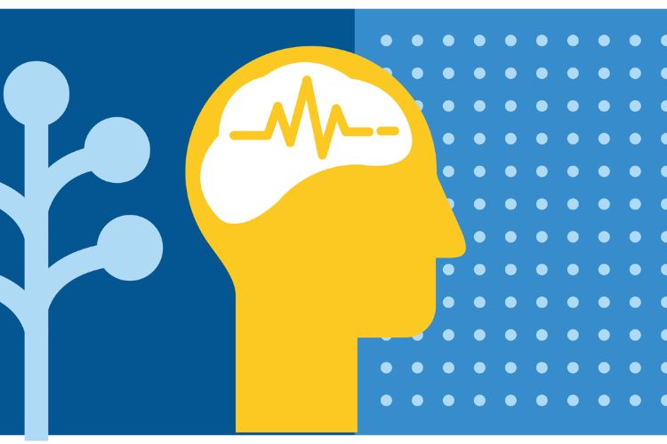 A computer generated graphic illustration of a yellow head in side profile against a background in shades of blue