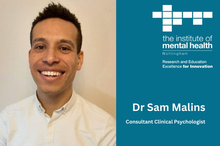 A person (Sam Malins) is smiling at the camera, with the text Dr Sam Malins, Consultant Clinical Psychologists