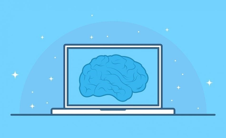 Illustration of a blue cartoon brain, on a blue background on the screen of a laptop resting on a table
