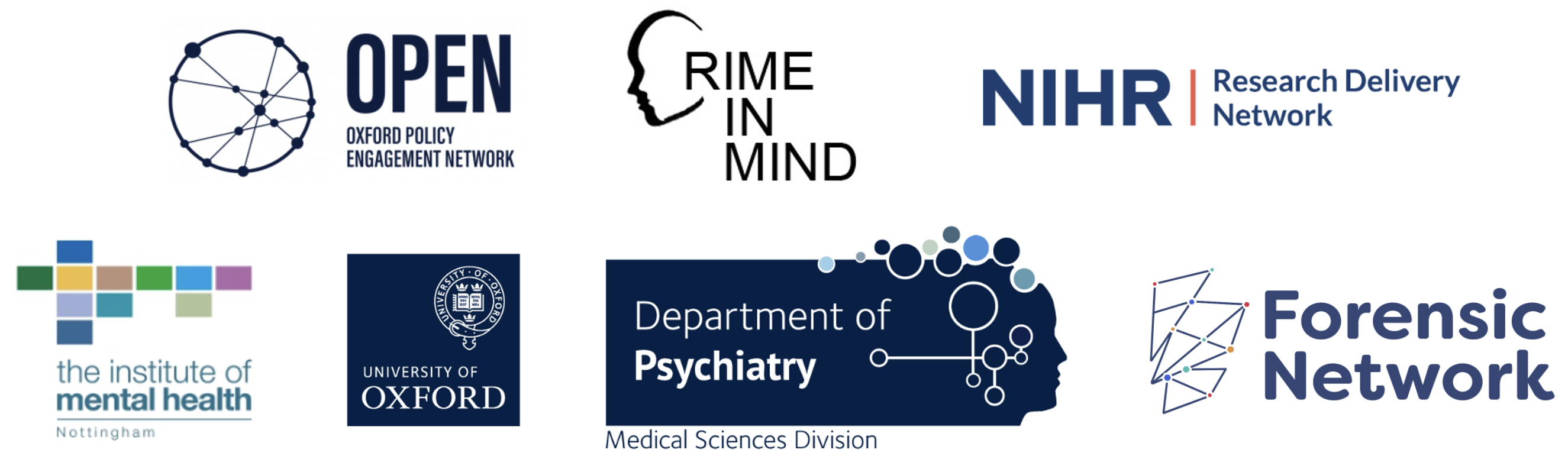 Funders logos. Institute of Mental Health, University of Oxford, Department of Psychiatry, Forensic Network, OPEN (Oxford Policy Engagement Network), Crime in Mind, NIHR, Oxford Policy Engagement Network