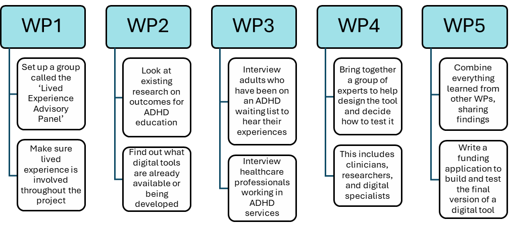 Graphic explaining the different work packages (WP). WP1: Set up a group called the 'Lived Experience Advisory Panel'. Make sure lived experience is involved throughout the project. WP2: Look at existing research on outcomes for ADHD education. Find out what digital tools are already available or being developed. WP3: Interview adults who have been on an ADHD waiting list to hear their experiences. Interview healthcare professionals working in ADHD services. WP4: Bring together a group of experts to help design the tool and decide how to test it. This includes clinicians, researchers, and digital specialists. WP5: Combine everything learned from other WPs, sharing findings. Write a funding application to build and test the final version of a digital tool.