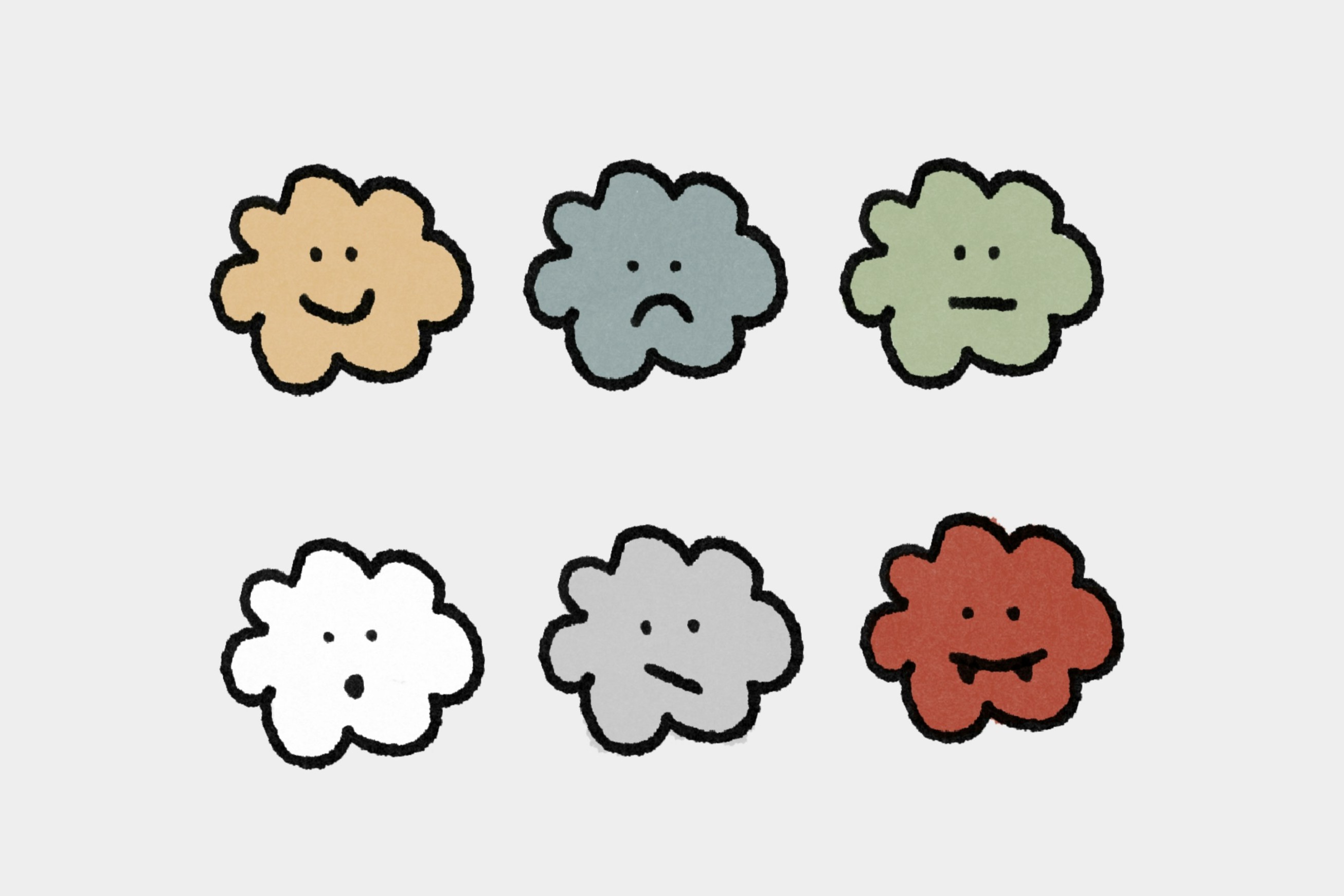 illustration of clouds with various emotional faces inside