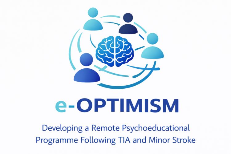 A graphic featuring an illustration of a brain in the centre of a circle. Around the brain are four head and shoulder figures, all in shades of blue. Text reads e-optimism