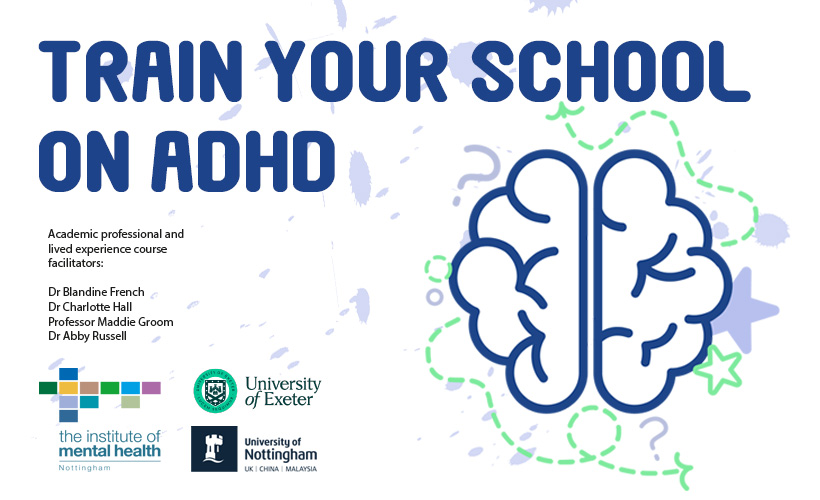 Train your school on ADHD. Graphic of a brain and collaborator logos