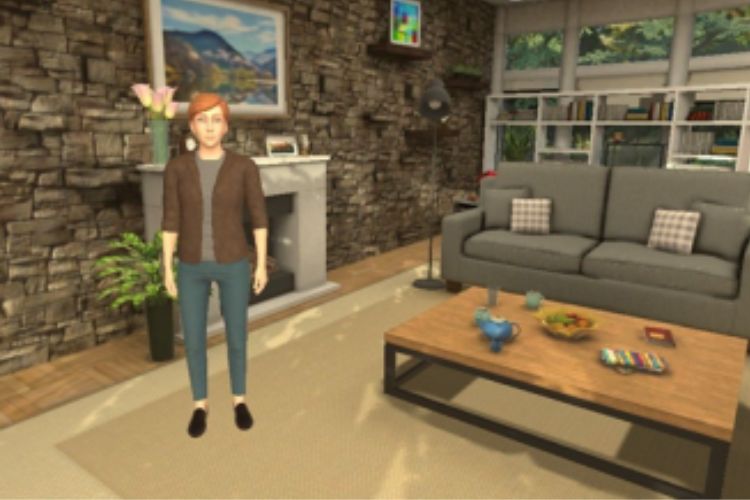 A computer generated image of a person standing in a room with a sofa and a coffee table