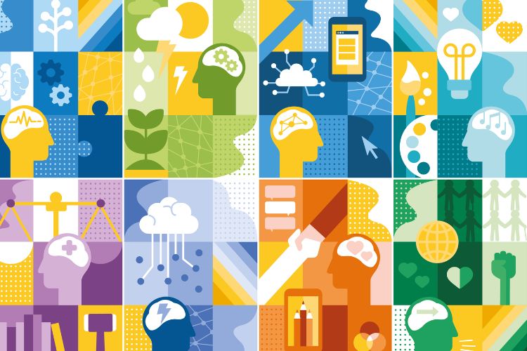 Many brightly coloured symbols representing different aspects of mental health