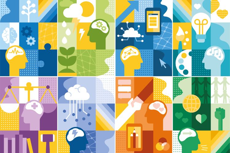 Colourful graphic designs and symbols including heads, clouds, circles 