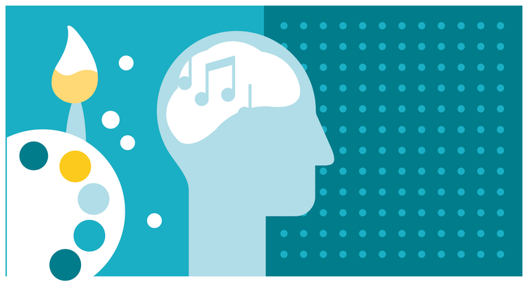 Illustration of a human head, with musical notes inside the brain, next to the head a paintbrush and artist's palette of colours
