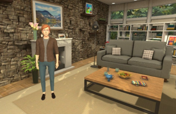 Screenshot of virtual therapist in virtual reality living room